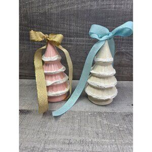Vtg Pink White Ceramic Christmas Trees 5" – Set of 2 Handmade Cottagecore #30